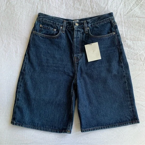 NWT Toteme Classic Bermuda Knee Length Cotton Denim Shorts Jorts Dark Blue Wash